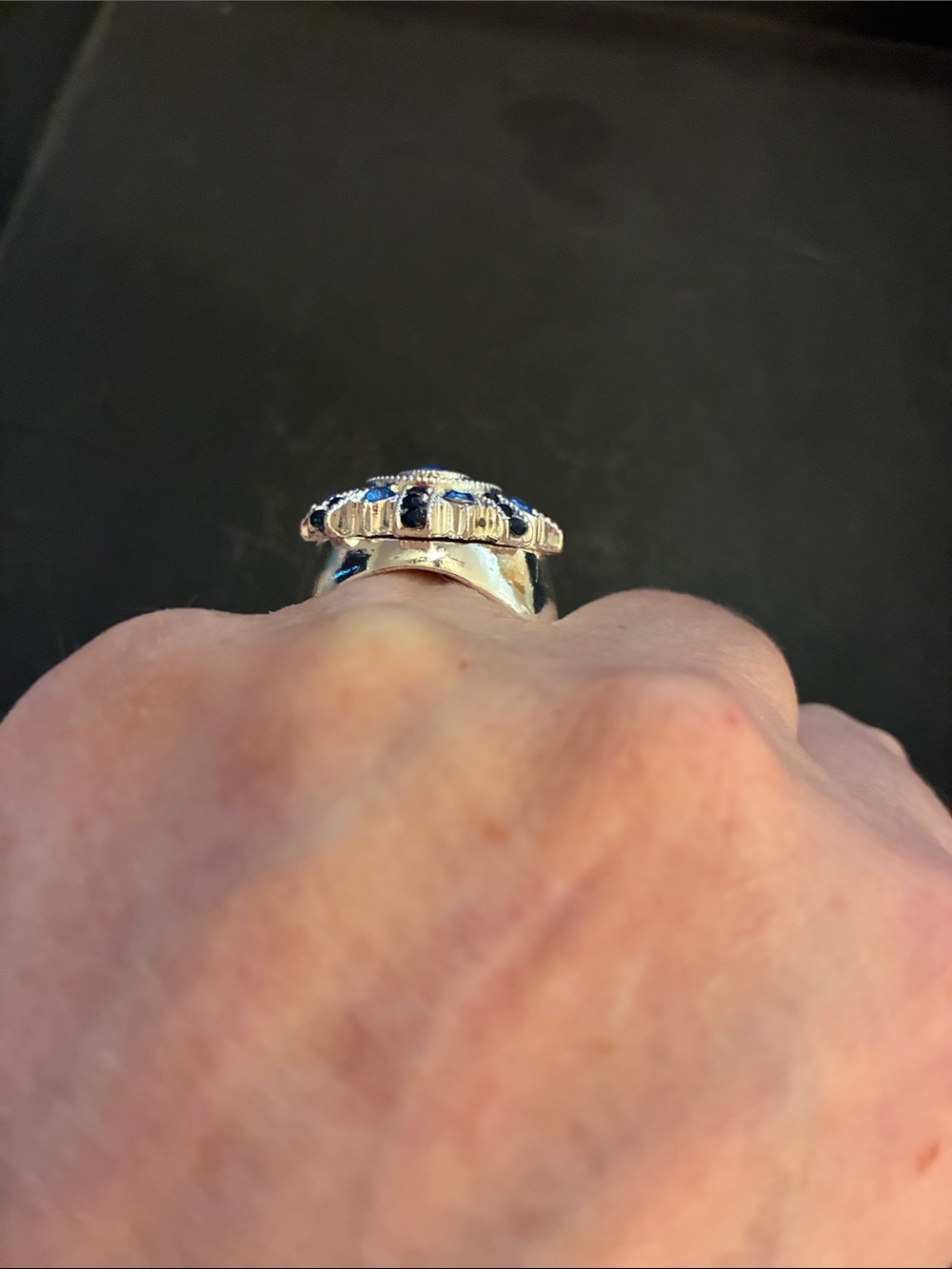 Silver Tone Bold Blue Crystal Statement Stretch Ring - Picture 4 of 11